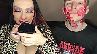 Juicy Sticky Loud Aggressive Kisses All Over a Guy's Face with Red Lipstick