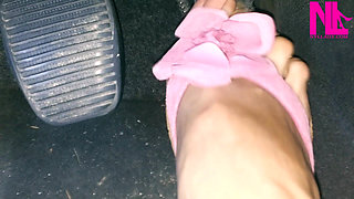 Revving My Car in Pink Flowered Flip Flops