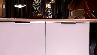 Hottest MILF Real Housewife in a Short Seethrough Sexy White Dress and with a G-string Does Not Cover Her Pussy in the Kitchen