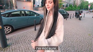 Skinny teen touches herself out in the cafe, kneeling to suck his cock after POV