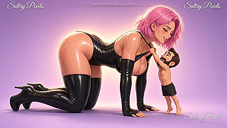 Anime Latex Giantess on All Fours Lets Her Heavy Milky Tits Hang Over a Tiny Man