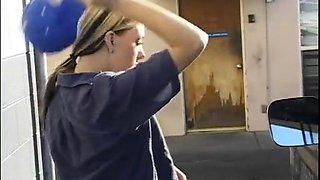 Cute blonde thanks man who fixed her car