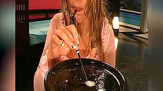 Bukkake Orgy: Blonde & Brunette Get Their Faces Drenched in Cum