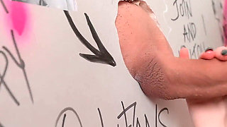 Gloryhole in Public Toilet: She Sucks, Footjobs and Rides the Cock From the Wall Until Cum in Mouth