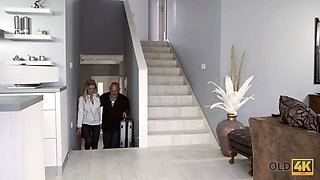 Old4k. seductive lassie is blessed to share a sofa with older guy