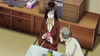 Brunette MILF with big tits and glasses in an office
