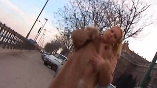 This Beautiful Busty Girl Masturbates on the Street and Gives a Blowjob at Home