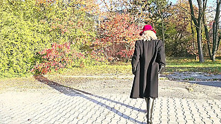 Autumn Outdoor Strip Tease with Blonde MILF Misses Jenny Big Natural Tits