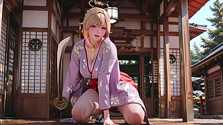 Blonde Goddess in the Japanese Corridor, Lazy Gazes, Hand on Hips, Sunlight Drenching Her Skin