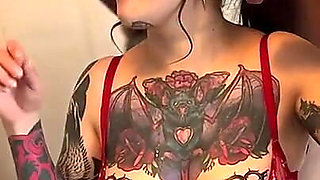 2 Cocks for This Beautiful Brunette Tattooed Everywhere!