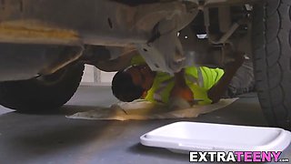 Car mechanic with huge boner gets to fuck a hot small beauty