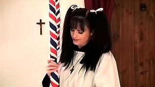 Busty curly brunette with big boobs fucks on couch