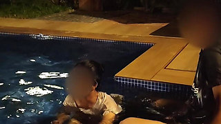 Hot Wife Risking Fucking in Public Pool at Night