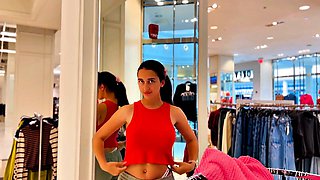 Busty Brunette Flashes in Store