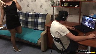 Russian Cuckold Plays Battlefield While His Wife Has Sex