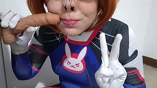 Fermerino as D.Va in Steamy Cosplay Performs BDSM Nosehook Restraint During Deepthroat B