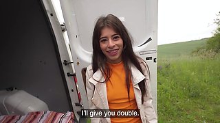 Skinny babe with a cute face is going to take his HUGE dick