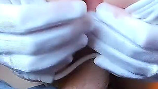 White Satin Gloves & Bikini Titfuck