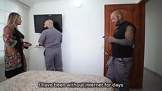 Amateur Threesome Surprise with Hot Latina and Blonde Fucking Technician Mercilessly