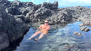 Nudist Girl Swimming Naked in the Natural Pool Outdoor