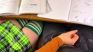 Schoolgirl Giving Him Handjob in Math Class Under the Table at College. Risky Masturbation in a Public Class.