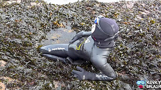 Rubbery Beach Encounter: Lucy's Neoprene Pussy Play with Stranger