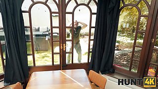 Hot fiery latina Natasha Rios gets fucked by her muscular friend with big cock while her cuck husband watches it from the window