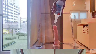 Horny schoolgirl rides a huge dildo on a Transparent chair with the view from underneath the chair. First dual camera try!