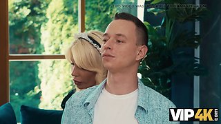 Vip4k. mature cougar in maid costume cleans with her tongue