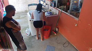 The boss left and the maid couldn't resist my erect penis