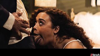Curly ebony in white babydoll takes rear entry on fur pillows