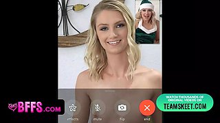 Bffs - sexy blonda females in petite elf costumes having pre christmas party with crazy fellow