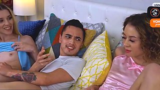 Two young sisters share their brother's jism fetish