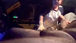 Redhead gives amazing blowjob and foot job to BWC IN CAR AT NIGHT