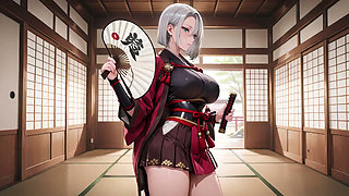 Silver-Haired Samurai's Private Dojo! Red & Black Kimono slightly open, dual swords in hand yet undeniably seductive.
