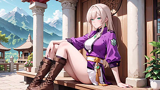 Purple Kimono Warrior! Forbidden Teasing in the Japanese Dojo. Kneeling with a sword, lifting her hem to reveal secrets.