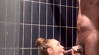 Petite Slut Sucks BBC in Shower