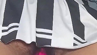 Chubby Brunette Girl in Miniskirt Rides Pink Dildo - Hairy Pussy