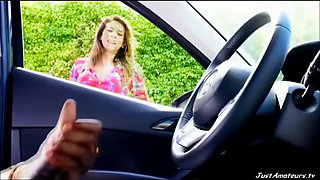 girl watching black guy masturbating in car