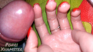 My stepsister's hand is covered in precum and then thick cum