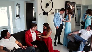 Brunette babes Riley & Melissa indulge in a sloppy blowjob feast