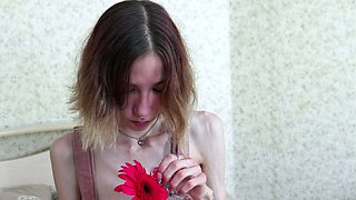 Small titted brunette teen fingering on the bed