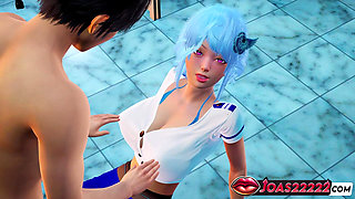 Anime Girl Sinwe with Hot Blue Hair in 3D Hentai - Indulge in Big Tits Massage with Sensual Moans, G-spot Fingering