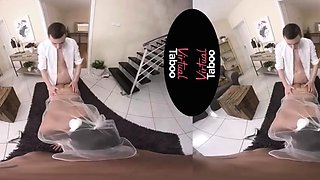 Sexy dark-haired bride gives her husband and father a