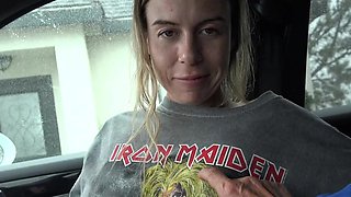Edgy blonde girl Summer Vixen takes a hard peen in a car