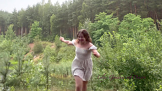 Teen Shows Tits and Asshole During a Storm in the Forest