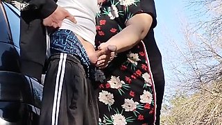 MILF Mother-in-Law Holds My Dick While I Pee & Sucks It Public Blowjob