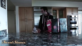 Yummy sinner - handsome dark haired milf spreads her feet to get her Hairy Pussy licked in sofa