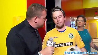 Gushing bigtit babe drinking cum