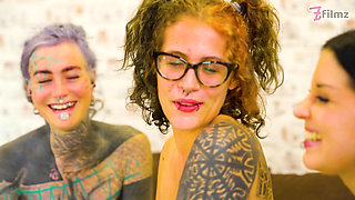 ORGY Tattooed Girls Share Cock in Wet Pussy Party